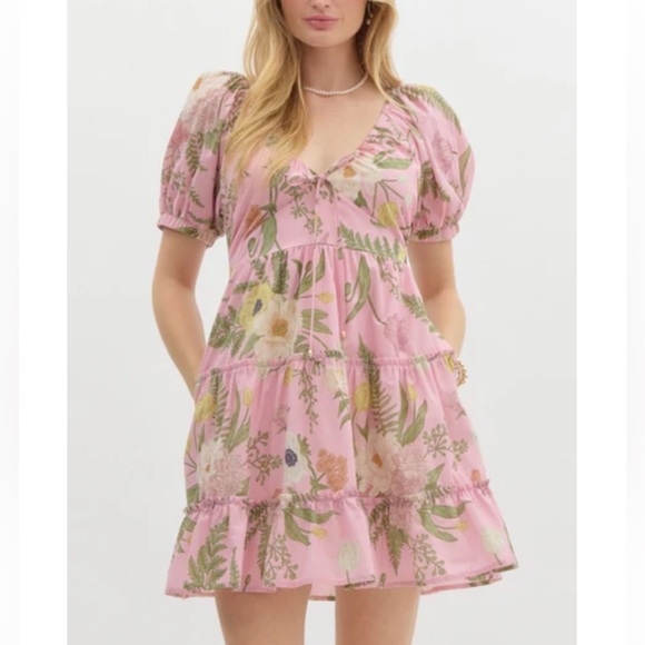 New Pink Tropical Floral Puff Sleeve Bow Dress - Picture 1 of 9